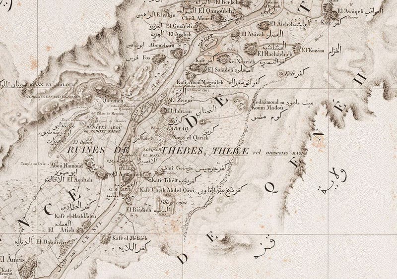 Map of Thebes and Karnak on the Nile, detail of plate 5, Carte topographique de l’Égypt, by Pierre Jacotin, part of the Description de l’Égypt, 1809-28 (Linda Hall Library)