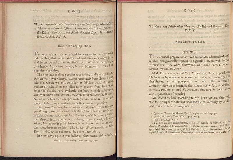 Two papers by Howard, on stony meteorites and native iron (left), and on fulminating mercury (right), as they appeared in the Philosophical Transactions of the Royal Society of London, 1802 and 1800 (Linda Hall Library)