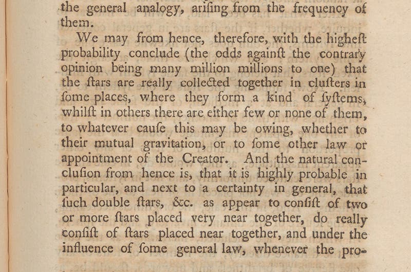 Paragraph where John Michel talks about double stars, Philosophical Transactions of the Royal Society of London, vol. 57, 1767 (Linda Hall Library)