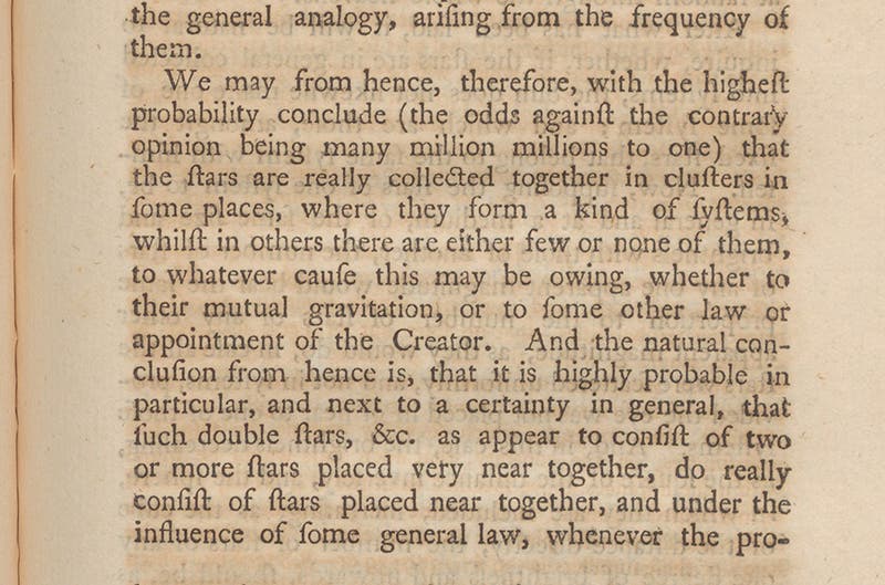 Paragraph where John Michel talks about double stars, Philosophical Transactions of the Royal Society of London, vol. 57, 1767 (Linda Hall Library)