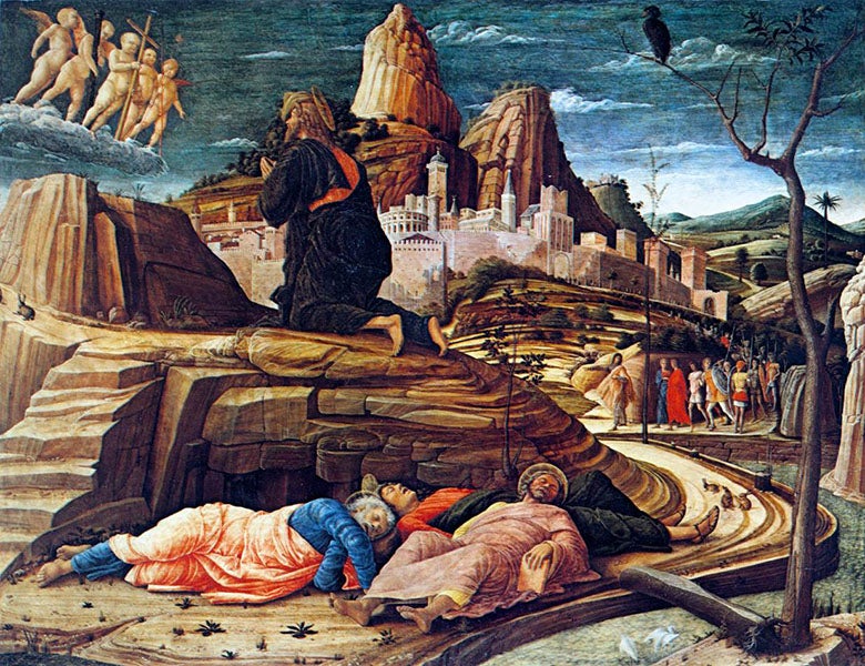 Agony in the Garden, by Andrea Mantegna, tempera on panel, 1455-56, National Gallery, London (wga.hu)