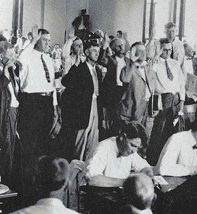 The jury for the Scopes trial being sworn in, July 10, 1925, in Dayton, Tennessee (famous-trials.com)