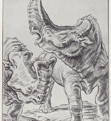 Embolotherium grangeri, artist’s restoration, in The New Conquest of Central Asia, by Roy Chapman Andrews et al., 1932 (Linda Hall Library)