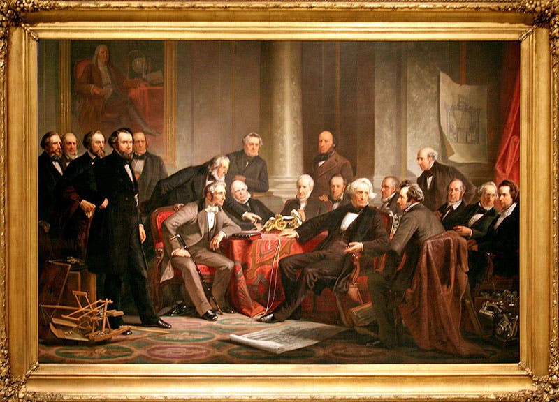 Men of Progress, oil on canvas, by Christian Schussele, 1862, National Portrait Gallery, Smithsonian Institution; Peter Cooper is standing, stooped over, just left of center (Wikimedia commons)