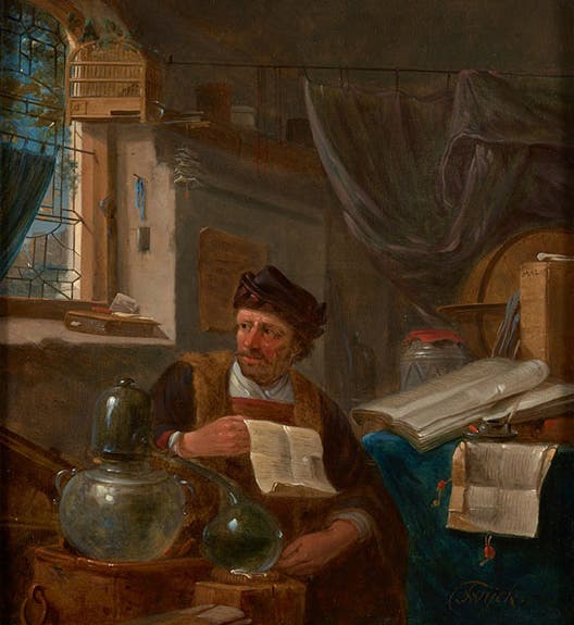 An Alchemist in his Studio, oil on wood panel, by Thomas Wyck, before 1677, Science History Institute, Philadelphia (sciencehistory.org)