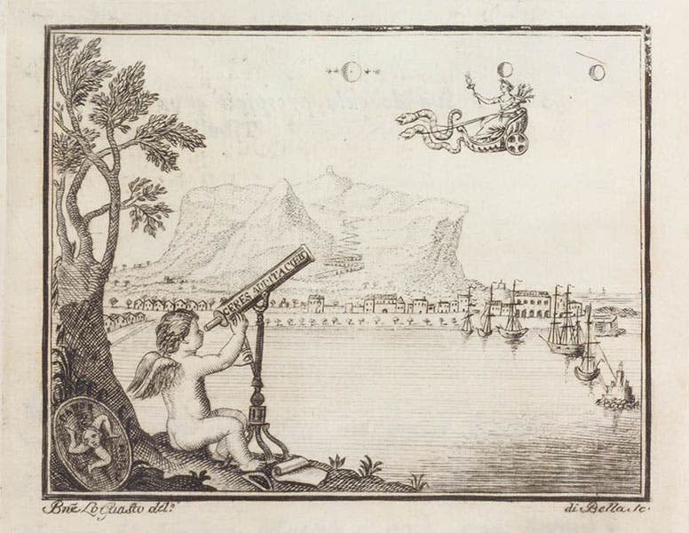 “The discovery of Ceres,” headpiece from Giuseppe Piazzi, Della scoperta del nuovo pianeta Cerere, 1802 (Linda Hall Library)