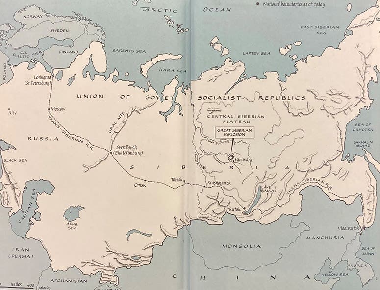 Map of Russia, showing the location of the Tunguska event (Great Siberian Explosion), north of the Stony Tunguska River; the Trans-Siberian railroad runs across the lower part of the map; endpapers of The Fire Came By: The Riddle of the Great Siberian Explosion, John Baxter and Thomas Atkins, Doubleday, 1976 (Linda Hall Library)