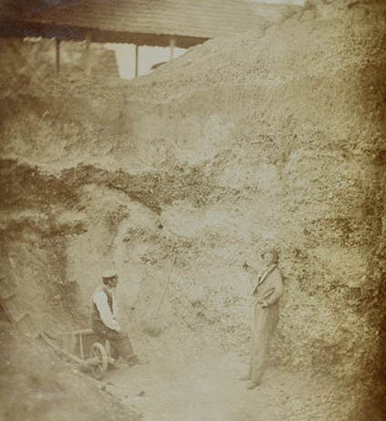 Pit at Saint-Acheul in Amiens, where a stone hand-axe has been exposed, photograph taken Apr. 27, 1859, Geological Society archives (blog.geolsoc.org.uk)