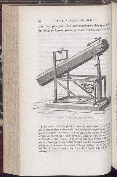 A Newtonian telescope, wood engraving, François Arago, Astronomie populaire, volume 1, 1854 (Linda Hall Library)