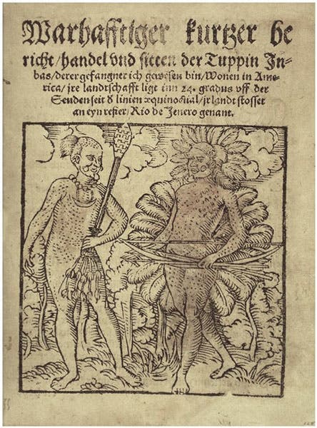 Title page of part 2, with woodcut of 2 Tupinamba natives, Warhaftige Historia und Beschreibung, by Hans Staden, 1557 (Biblioteca Nacional do Rio de Janeiro via archive.org)