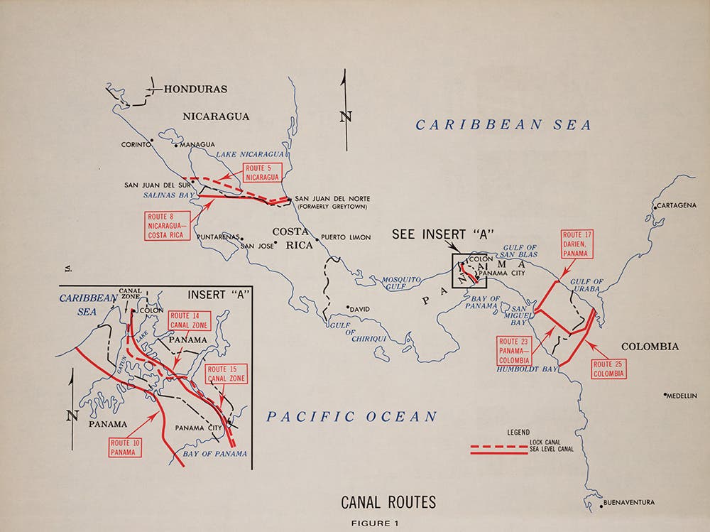 Map of proposed sea-level canal routes, from Interoceanic Canal Studies, 1970: Final Report. Washington, DC, 1971.