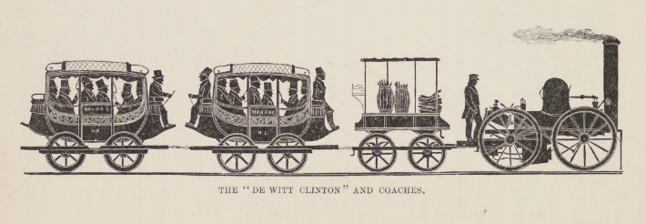 The "De Witt Clinton" locomotive was the third one built in the United States for actual service. The passengers are as follows, beginning at the locomotive: David Matthew, engineer; first car, Erastus Corning, Mr. Lansing, ex-Governor Yates, J. J. Boyd, Thurlow Weed, John Miller, Mr. Van Zant, Billy Winne; second car, John Townsend, Major Meigs, “Old Ilays”, Mr. Dudley, Joseph Alexander, Lewis Benedict, and J. J. Degraft.