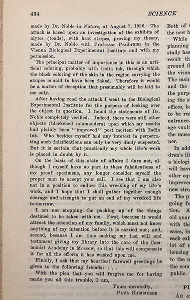 Conclusion of Paul Kammerer’s letter to the Moscow Academy of Sciences, Sep. 22, 1926, announcing his intended suicide, as printed in Science, vol. 64, p. 494, 1926 (Linda Hall Library)