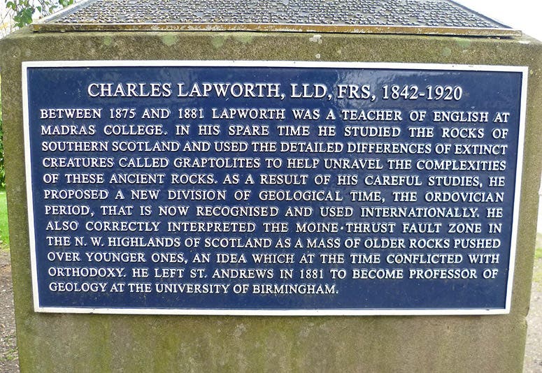Plaque honoring Lapworth at Madras College, St. Andrews, undated photograph (Wikimedia commons)