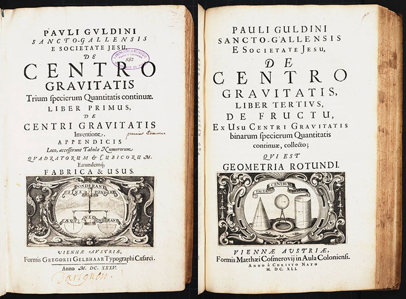 Title pages to vol. 1 (left) and vol. 2 (right) of Paul Guldin, De centro gravitatis (1635-41) (Linda Hall Library)