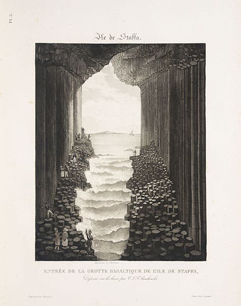 View looking out from Fingal’s Cave, aquatint, from Panckoucke, L'Ile de Staffa, 1831 (Linda Hall Library)