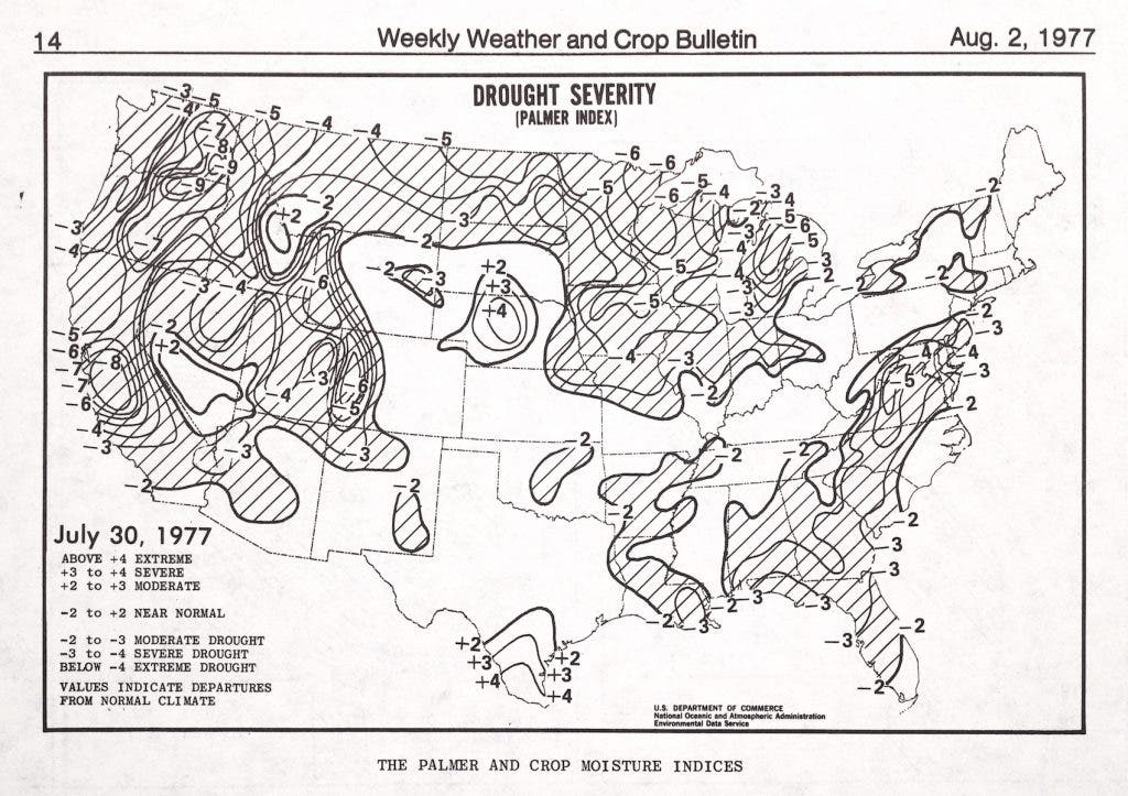 Image source: The Palmer Drought Severity Index map during the drought of 1977. “The Palmer and Crop Moisture Indices.” Weekly Weather and Crop Bulletin, vol. 62, no. 31, 1977, p. 14. 