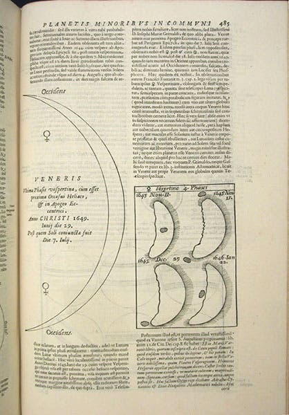 The faces of Venus, according to Francesco Fonana (right), and a recent observation, perhaps by Riccioli (left), Almagstum novum, by Giovanni Battista Riccioli, vol. 1, p. 485, 1651 (Linda Hall Library)