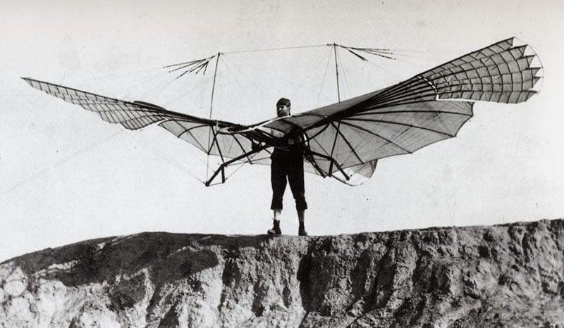 Otto Lilienthal about to launch a glider from his artificial hill outside Berlin, photograph, 1895? (wright-brothers.org)