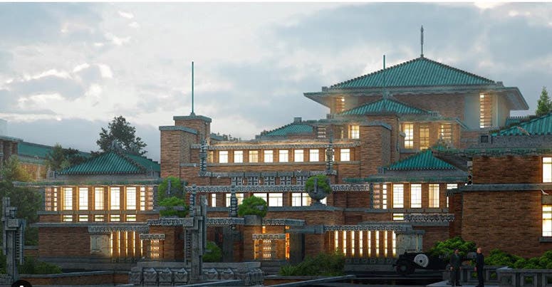 Exterior entrance to Imperial Hotel, Tokyo, photograph, Frank Lloyd Wright Trust (openculture.com)