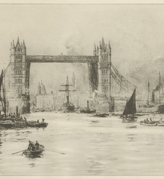 Tower Bridge on opening day, pastel by W.L. Wyllie, frontispiece to Charles Welch, History of the Tower Bridge, 1894 (Linda Hall Library)