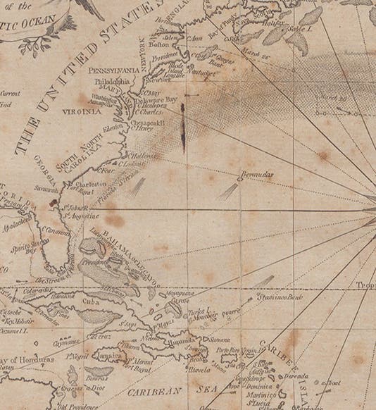 Detail of map of the Atlantic Ocean, frontispiece, Nathaniel Bowditch, <i>The New American Practical Navigator</i>, 1802 (Linda Hall Library)