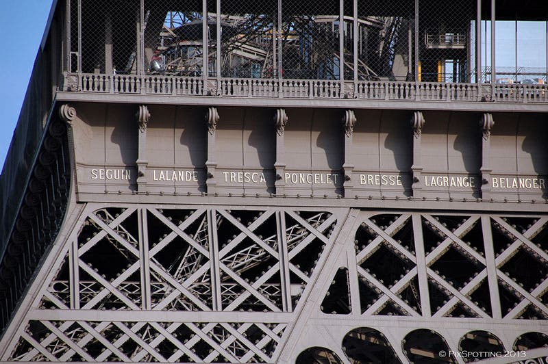 Names of eminent French scientists just below the first balcony of the Eiffel Tower; Lagrange is the sixth from the left (Pix Spotting on Flickr)
