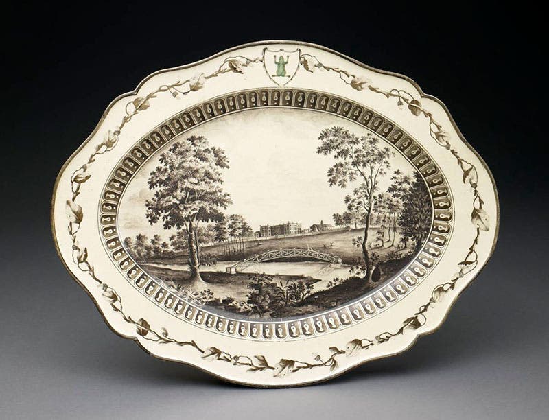 A serving platter, part of the “Frog Service” made by Josiah Wedgwood’s firm for Catherine II of Russia, an example of Wedgwood creamware. 1773-74 (Birmingham Museum of Art via Wikimedia commons)