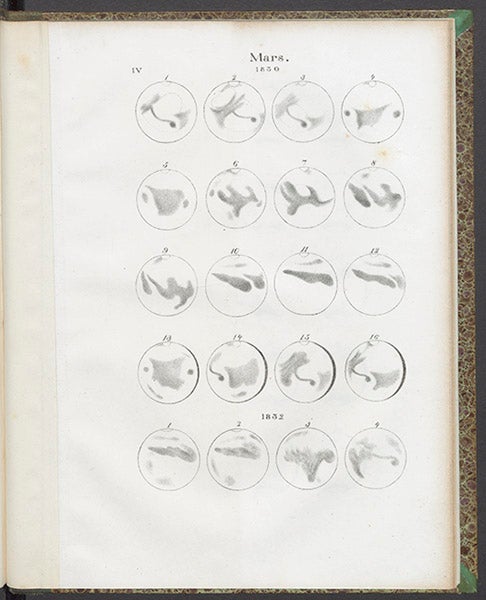 Appearance of Mars in 1830-32, lithograph in Wilhelm Beer and Johann Mädler, Fragmentes sur les corps celestes du system solaire, 1840 (Linda Hall Library)