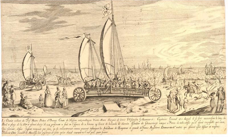 The land yachts or sand chariots of Prince Maurice of Orange, engraving after Jacques de Gheyn II, ca 1615 (British Museum)