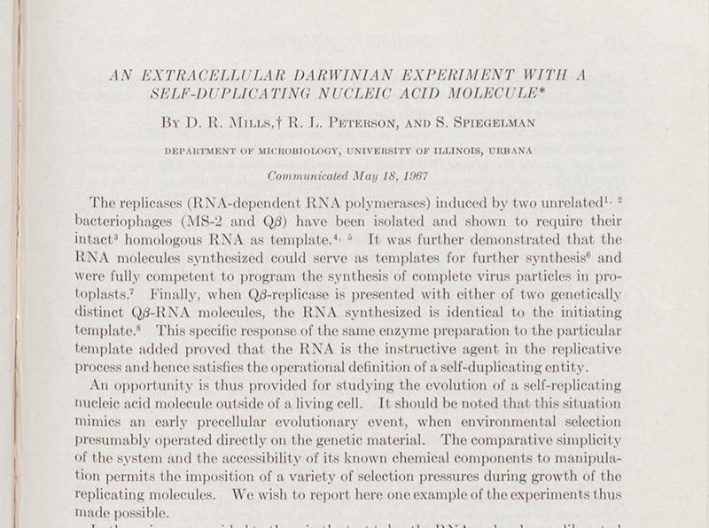 First paragraph of "An extracellular Darwinian experiment with a self-duplicating nucleic acid molecule," by Sol Spiegelman et al., Proceedings of the National Academy of Sciences, vol. 58, 1967 (Linda Hall Library)
