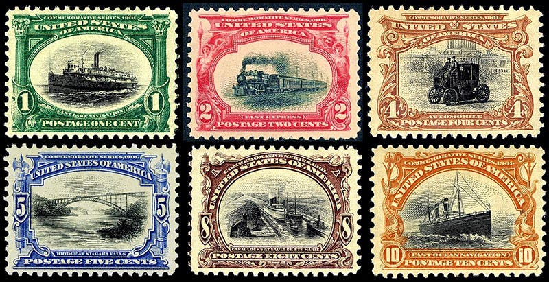 All 6 Pan-American Exposition commemorative stamps, , issued May 1, 1901, National Postal Museum (Wikimedia commons) 