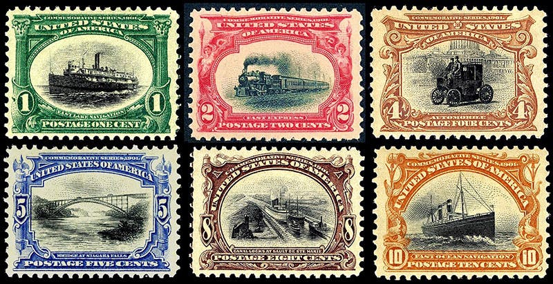 All 6 Pan-American Exposition commemorative stamps, , issued May 1, 1901, National Postal Museum (Wikimedia commons)