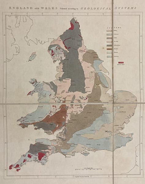 Small geological map of England and Scotlan with Cambrian and Silurian rocks in gray in Wales at left, detail of hand-colored engraving, The Silurian System, by Roderick Murchison, portfolio, 1839 (Linda Hall Library)
