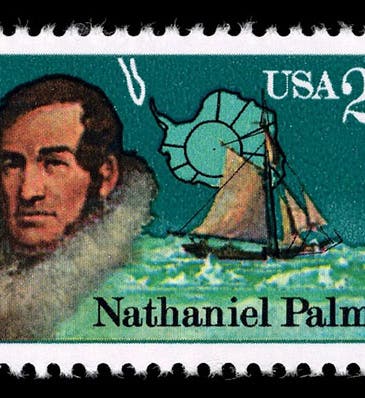25¢ stamp honoring Nathaniel Palmer, U.S. Postal Service, 1988, designed by Dennis Lyall, U.S. Postal Museum, Smithsonian Institution (postalmuseum.si.edu)