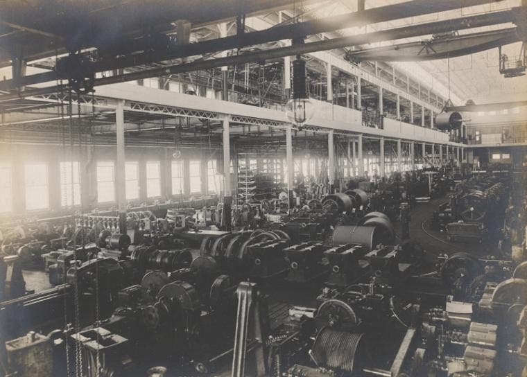 Interior of the Mho Rotor Factory, photograph, ca 1885, Engineering News, Mar. 27, 1887 (Linda Hall Library)