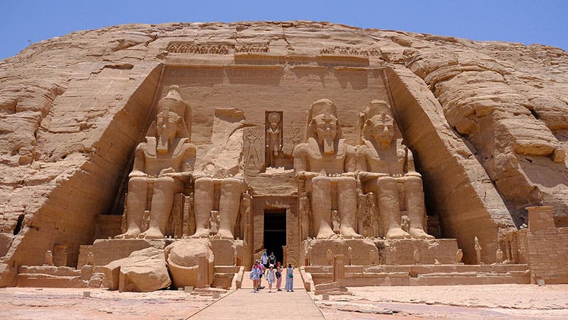 The Temple of Ramesses II at Abu Simbel, Upper Egypt, rediscovered by Johann Ludwig Burckhardt, Mar. 22, 1813; since relocated to higher ground, modern photograph Wikimedia commons)