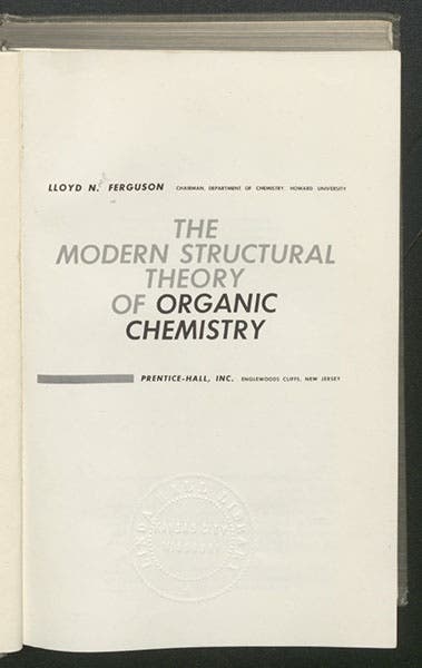 Title page of The Modern Structural Theory of Organic Chemistry, by Lloyd N. Ferguson, 1963 (Linda Hall Library)