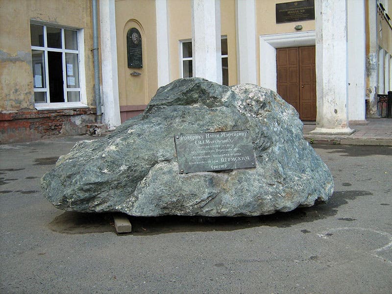 Memorial stone, a Permian rock, with a plaque honoring Roderick Murchison, who discovered and named the Permian system in 1841, in Perm, Russia (Wikimedia commons)