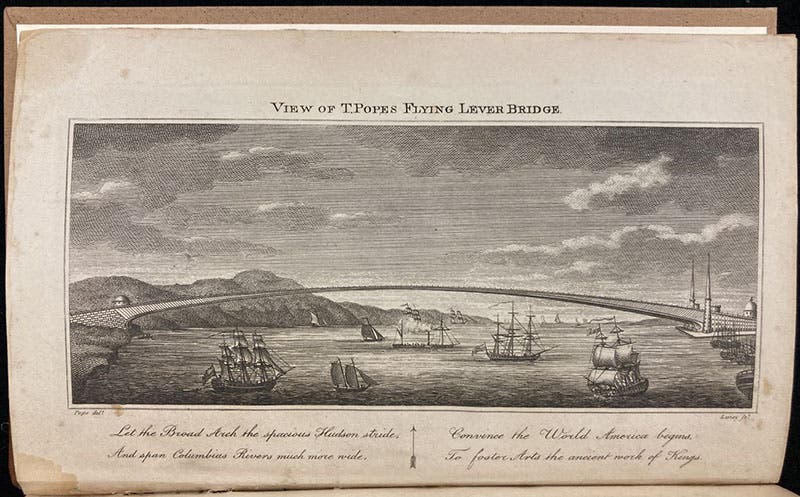 Proposed “Flying Lever” Bridge across the Hudson River, designed by Thomas Pope, engraved frontispiece to his A Treatise on Bridge Architecture, 1811, copy 2, donated by Eric DeLony to the Linda Hall Library, 2012 (Linda Hall Library)