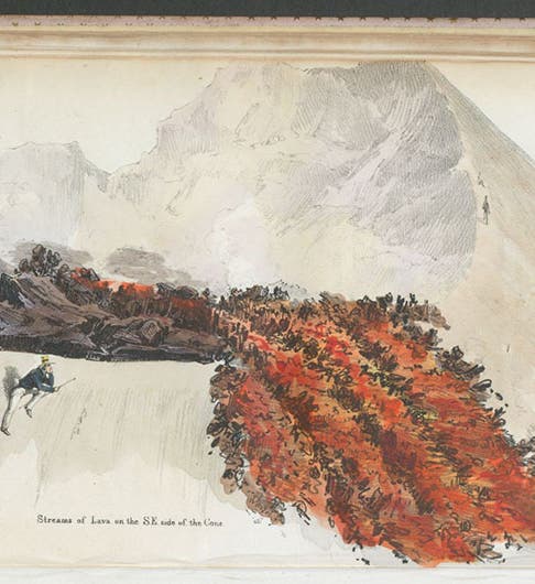 “Streams of lava on the SE side of the cone, Sep. 20, 1831,” hand-colored lithograph from a drawing by John Auldjo, in his Sketches of Vesuvius, 1832 (Linda Hall Library)