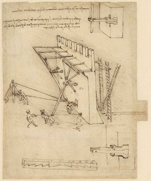 Apparatus for toppling ladders attempting to scale a wall, drawing by Leonardo da Vinci, 1480, fol. 139r of the Codex Atlanticus, facsimile, 1973 (Linda Hall Library)