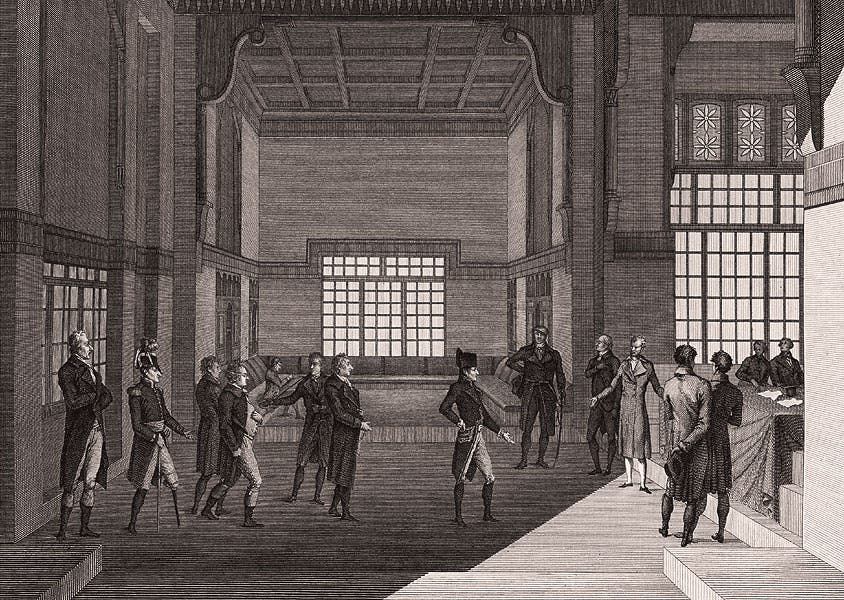 The first meeting of the Institute of Egypt, in the former house of Hasân Kâchef in Cairo, from Description de l’Égypte État moderne v. 1.