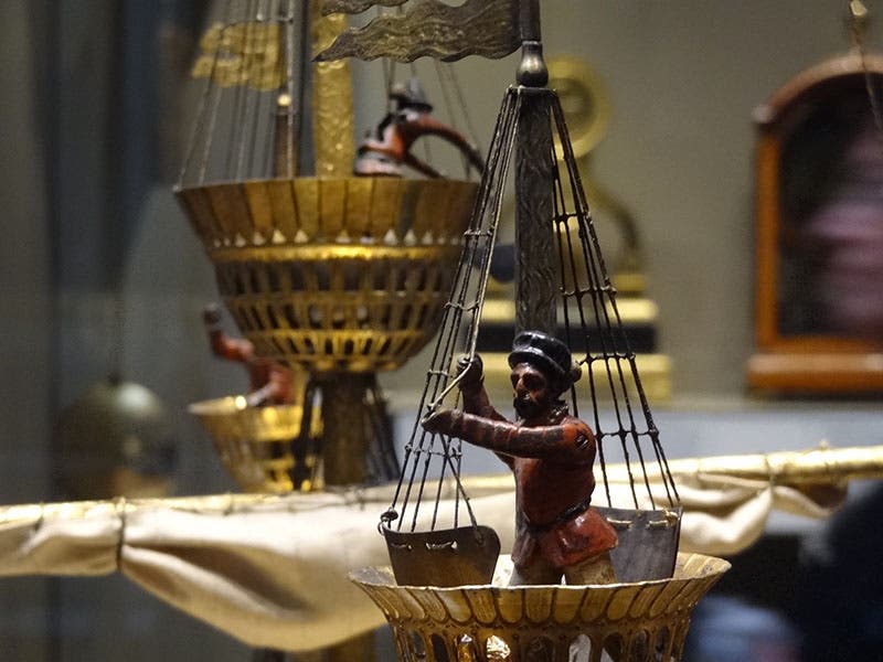 Detailed view of two of the seamen in crows-nests, British Museum clockwork galleon, built by Hans Schlottheim, ca 1585 (gayleenrabakukk.com)