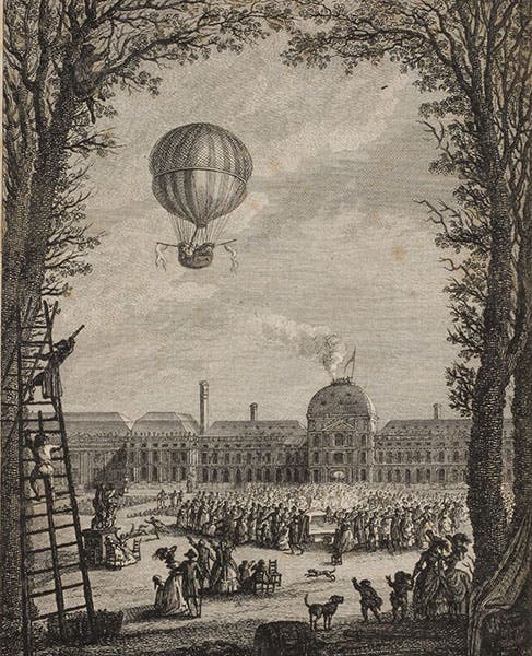 Ascent of the first hydrogen balloon on Dec. 1, 1783, with Jacques Charles and the younger Robert brother in the basket, detail of engraving in Description des expériences de la machine aérostatique de MM. de Montgolfier, by Barthélemy Faujas-de-Saint-Fond, vol. 2, plate 3, p. 31, 1783-84 (Linda Hall Library)