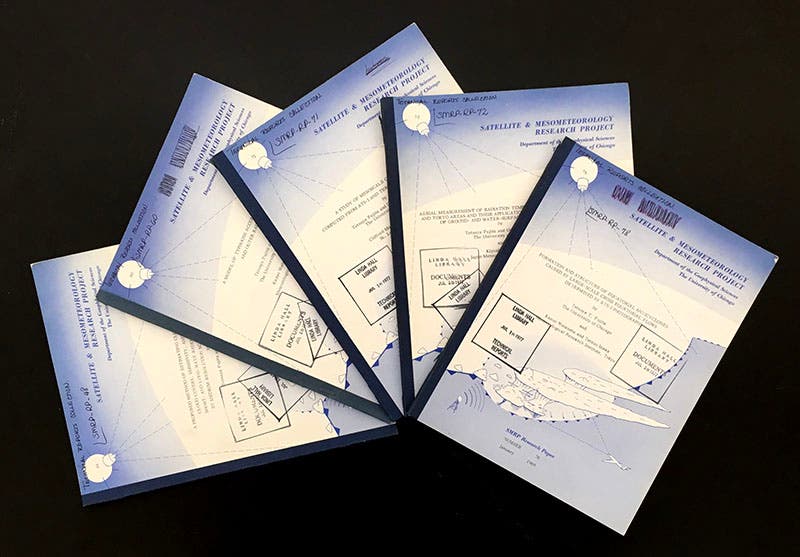 Five issues of Satellite and Mesometeorology Research Papers, 1956-1970, each containing a paper by Fujita with his name on the front cover (Linda Hall Library)