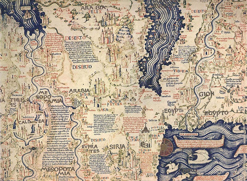 Sector XXII of the Fra Mauro map, showing Mesopotamia and the Middle East, south at the top, manuscript on vellum and wood, ca 1460, property of the Biblioteca Nazionale Marciana, Venice; on display in Museo Correr, Piazza San Marco, Venice (Wikimedia commons)