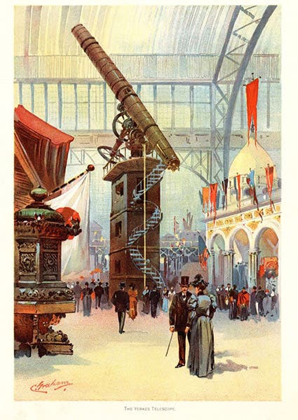 The Yerkes 40-inch refractor on display at the World’s Columbian Exposition, Chicago, watercolor by Charles S. Graham, 1893 (Wikimedia commons)