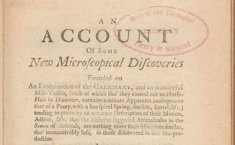 First part of title, An Account of Some New Microscopical Discoveries, by John Turberville Needham, 1745 (Linda Hall Library)