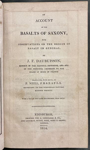 Title page, An Account of the Basalts of Saxony, by Jean-François d’Aubuisson de Voisins, trans. by P. Neill, 1814 (Linda Hall Library).